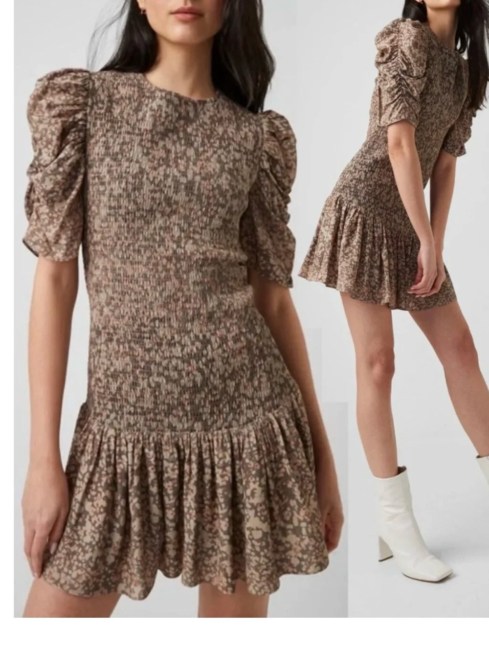 Women’s Brown Printed Puff-Sleeve Mini Dress